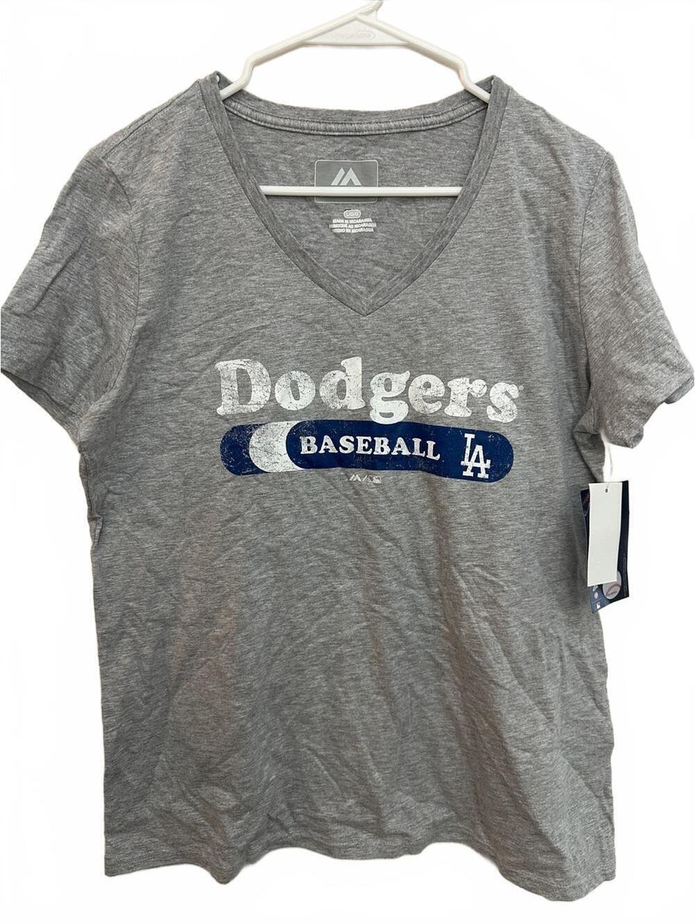 Majestic Dodgers Gray V-Neck Tee with Blue and White Logo